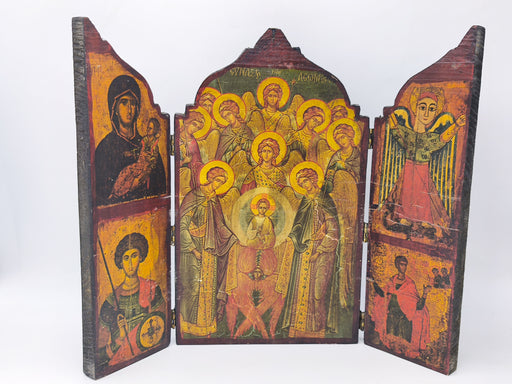 Vintage Wooden Triptych Icon, Orthodox Christian Religious Art, Virgin Mary & Angels Folding Altar, Hand Finished Home Decor