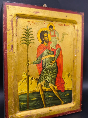 Vintage Saint Christopher Wood Icon Gold Leaf Greek Byzantine Orthodox