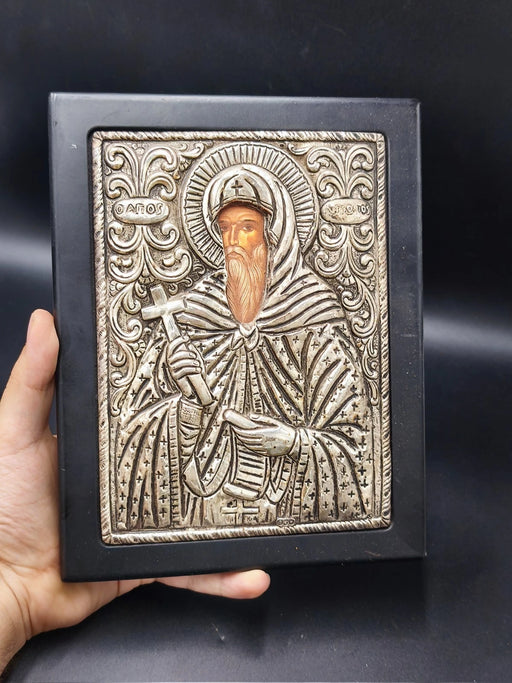 Vintage Greek Orthodox 950 Silver Icon Saint Anthony (Agios Antonios) Wood Base