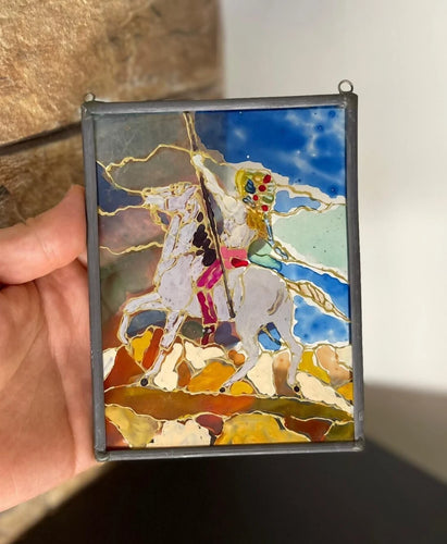 Handmade Vintage Stained Glass Saint George Icon Suncatcher – Orthodox Christian Holy Warrior Window Hanging Art, Spiritual Home Decor Gift (5.9" x 4.5")