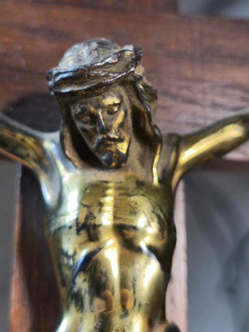 Vintage Wooden Wall Crucifix Cross with Metal Corpus Jesus Christ INRI 15.7"