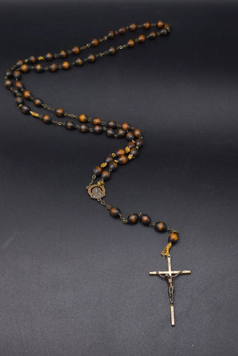 Vintage Italian Wood Rosary Crucifix Mary Sacred Heart Religious Necklace 26in