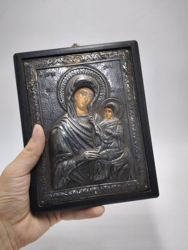 Greek Byzantine Icon of Virgin Mary & Baby Jesus | 950 Pure Silver Orthodox Christian Art | Home Altar Wall Hanging | 7.9x6.1 in