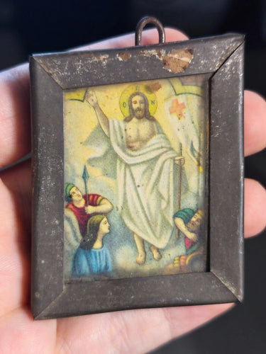 Antique Orthodox Icon Jesus Christ Resurrection Metal Frame Wood Back Miniature