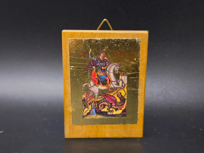 Vintage Miniature St George & The Dragon Greek Orthodox Wooden Icon Wall Hanging
