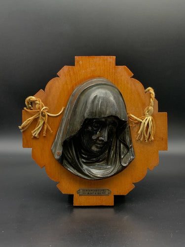 Vintage Scherpenheuvel Montaigu Religious Wall Plaque Bust Wood Metal 8.5"