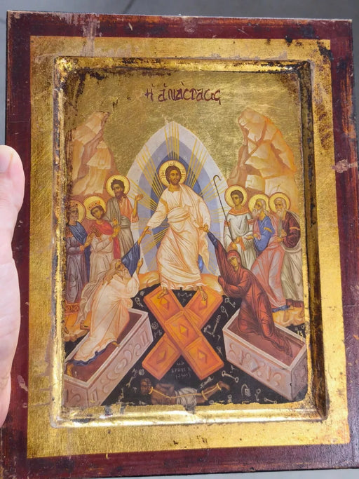 Vintage Greek Orthodox Icon The Resurrection Anastasis Jesus Christ Gold Leaf