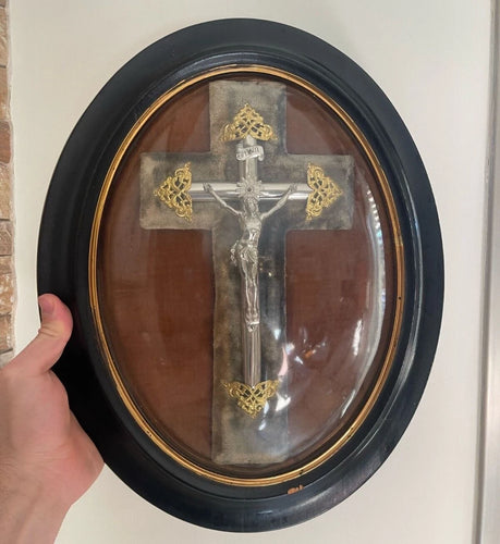 Antique French Oval Shadow Box Crucifix Bullion Velvet Wall Hanging 16" x 13"