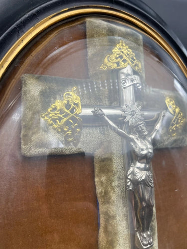 Antique French Oval Shadow Box Crucifix Bullion Velvet Wall Hanging 16" x 13"