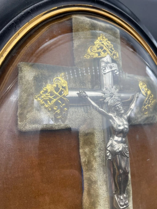 Antique French Oval Shadow Box Crucifix Bullion Velvet Wall Hanging 16" x 13"