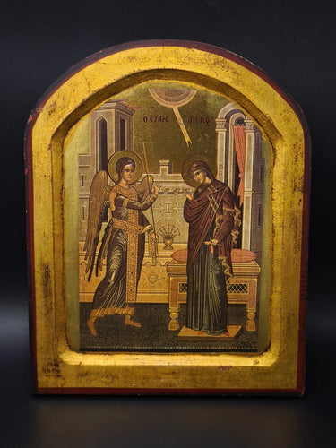 Vintage Greek Orthodox Icon Annunciation Virgin Mary Archangel Gabriel Wood Gold
