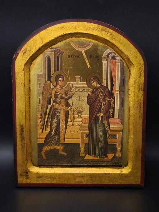 Vintage Greek Orthodox Icon Annunciation Virgin Mary Archangel Gabriel Wood Gold