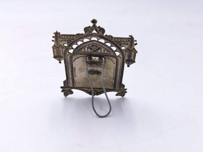 Antique Joan of Arc Mini Brass Shrine, Gothic Arch Picture Frame, Jeanne d'Arc Collectible Plaque, French Catholic Religious Home Decor