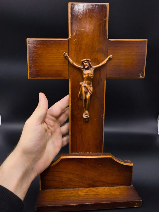 Vintage Standing Crucifix 14" Large Wooden Altar Cross Catholic Jesus Corpus