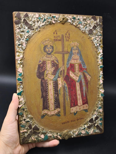 LARGE ANTIQUE HAND-PAINTED GREEK ORTHODOX ICON SAINTS CONSTANTINE & HELEN