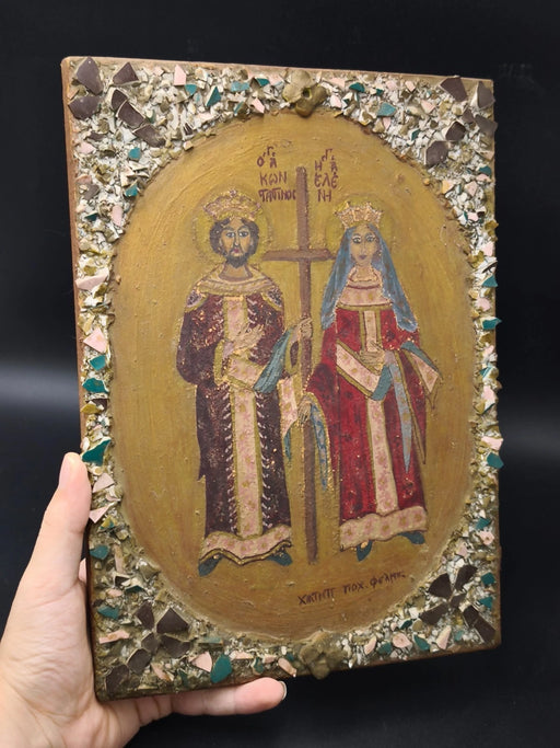 LARGE ANTIQUE HAND-PAINTED GREEK ORTHODOX ICON SAINTS CONSTANTINE & HELEN