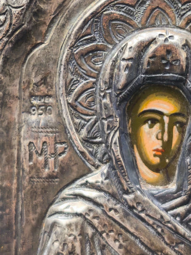Vintage Greek Orthodox Silver 950 Icon Virgin Mary & Christ Child 5.9"x4.7"
