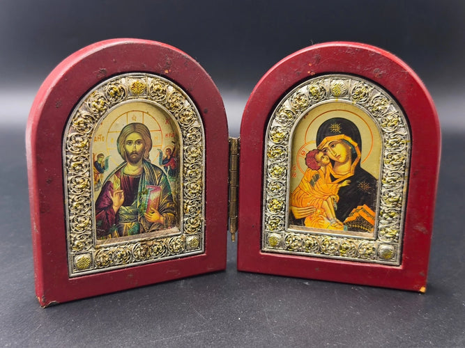 Vintage Greek Orthodox Icon Diptych Jesus Christ & Virgin Mary Red Wood Folding