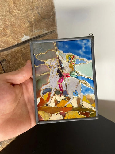 Handmade Vintage Stained Glass Saint George Icon Suncatcher – Orthodox Christian Holy Warrior Window Hanging Art, Spiritual Home Decor Gift (5.9" x 4.5")