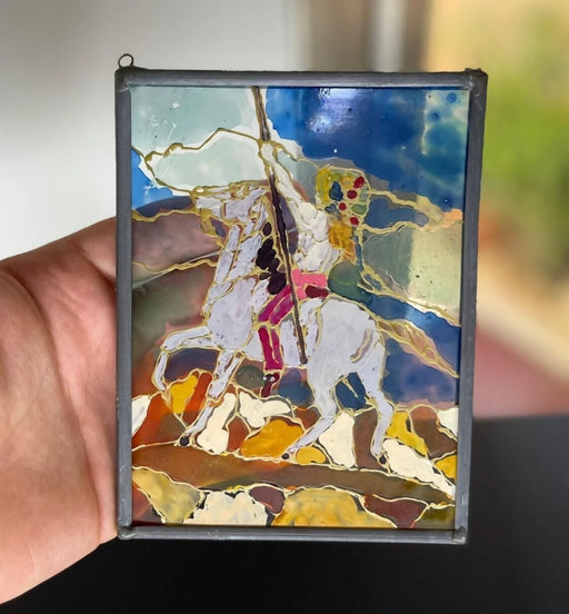 Handmade Vintage Stained Glass Saint George Icon Suncatcher – Orthodox Christian Holy Warrior Window Hanging Art, Spiritual Home Decor Gift (5.9" x 4.5")
