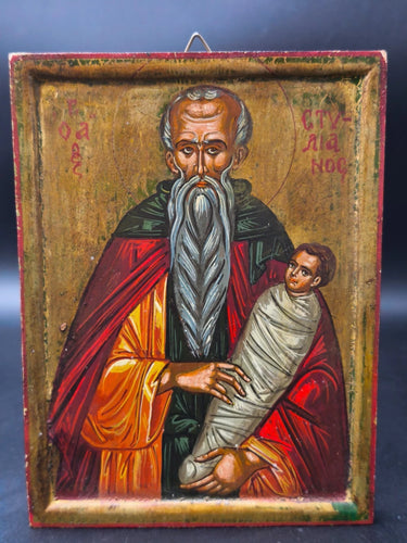 Vintage Hand-Painted Saint Stylianos Greek Orthodox Icon Wood Patron of Children