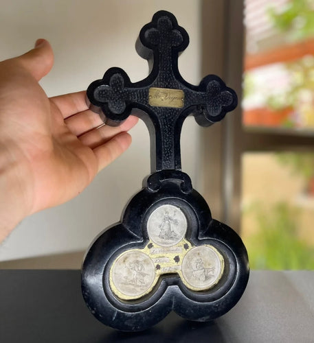 Antique French Black Wood Crucifix & Trefoil Base with Engraved Miniatures & "Mme Degin" Plaque