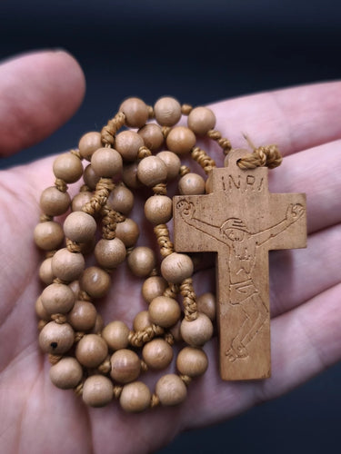 Vintage Hand Carved Wooden Rosary Necklace Natural Wood Beads INRI Cross 15"
