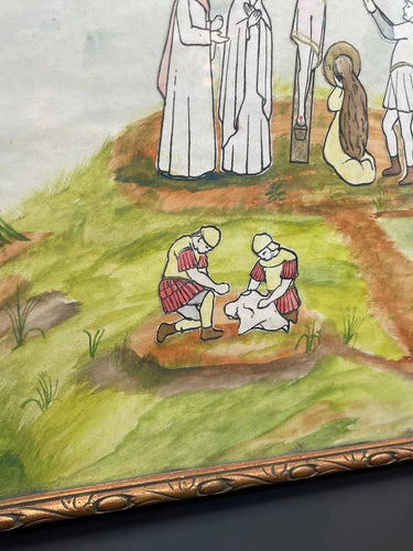 Antique Flemish Religious Watercolor Painting on Paper | Painted Calvary Crucifixion Scene with Handwritten Provenance Backing, Folk Art Wall Decor⭐