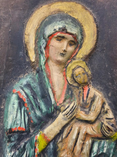 Vintage Handmade Relief Icon Madonna & Child Virgin Mary Wall Plaque Wood Base