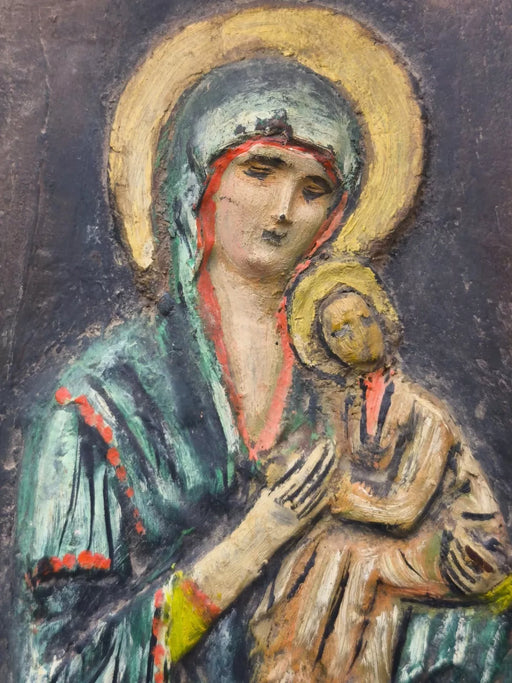 Vintage Handmade Relief Icon Madonna & Child Virgin Mary Wall Plaque Wood Base