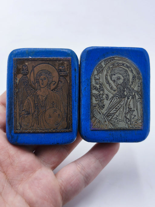 Vintage Wooden Metal Diptych Icon Folding Pocket Shrine / Orthodox Christian Double Icon Plaque / Greek Religious Art Blue Wood Altar Decor