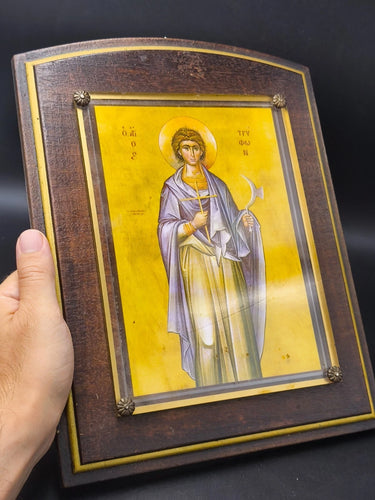 Vintage Greek Orthodox Icon Saint Tryphon Wood Plaque Athens Greece 12"