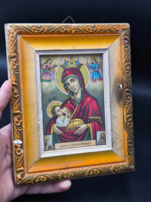 Antique Chromolithograph Icon Panagia Galaktotrophousa Nursing Virgin Mary Frame