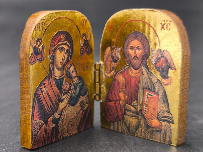Vintage Miniature Carved Wood Orthodox Diptych Icon Pocket Shrine Virgin Mary & Christ