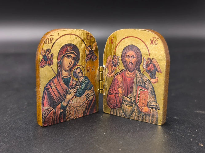Vintage Miniature Carved Wood Orthodox Diptych Icon Pocket Shrine Virgin Mary & Christ
