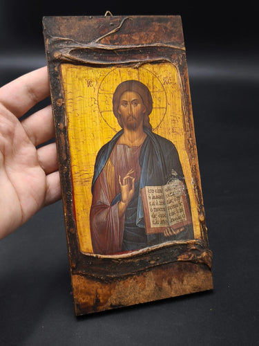Vintage Greek Orthodox Wood Icon Jesus Christ Pantocrator Wall Plaque Art 8x4"