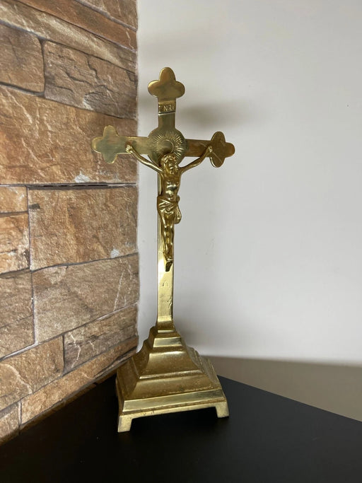 Vintage Brass Standing Crucifix Cross | Heavy Solid Brass Altar Tabletop Cross with Corpus & INRI | Christian Home Decor