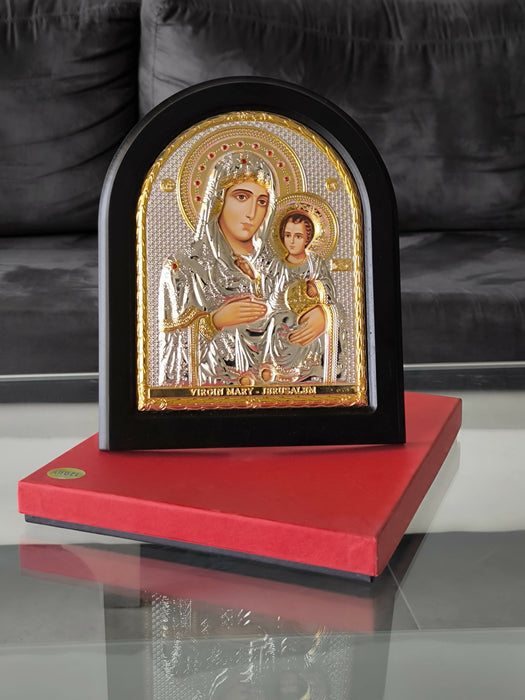 Virgin Mary Jerusalem 5.51"Jesus Icon Silver 950° Religious Wood Handicraft