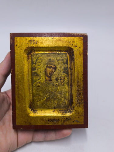 Handcrafted Vintage Wooden Orthodox Icon, Panagia Prousiotissa Mother of God, Gold Leaf Religious Wall Art, Sacred Gift