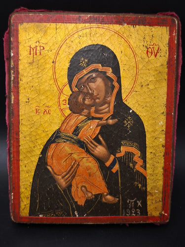 Rare 1923 Hand Painted Antique Greek Byzantine Icon Virgin Mary & Child Wood