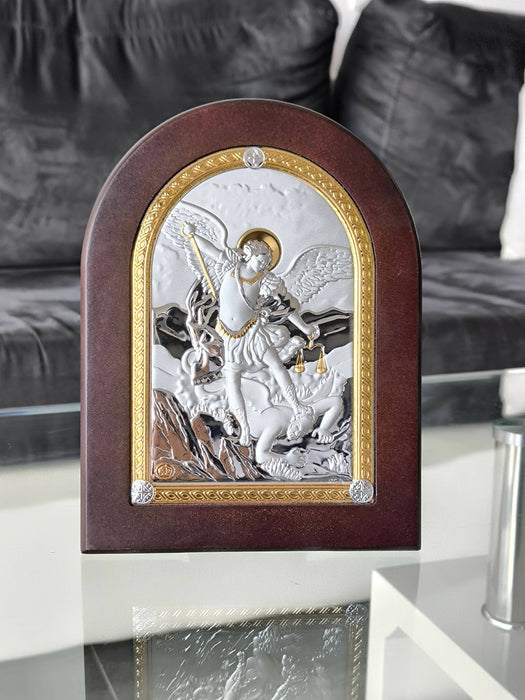 Icon Saint Michael 8.26" Gold Silver 950 Nikolaos Silver Jerusalem Handicraft Christian Byzantine art hanging \ standing