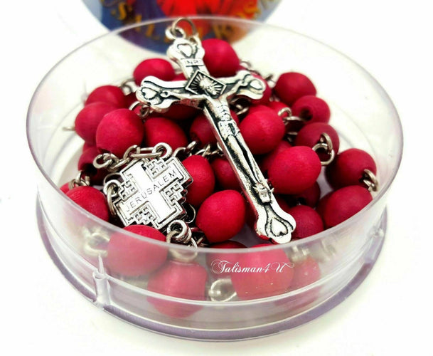 3PCS Rosary Red Jerusalem Blessed Beads Cross Catholic Holy land Necklace Rose Gift