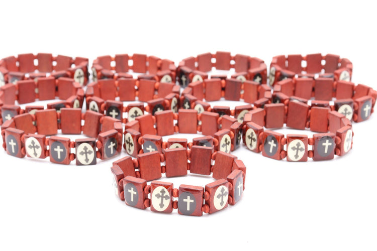 12 PCS Wood RED Bracelet Crosses Bead Stretch Jesus Holy Land Jerusalem