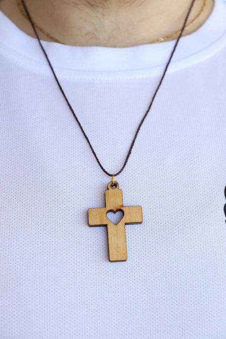 3 PCS Olive Wood Cross Hand Made Heart Pendant Necklace Holy Land Bethlehem Jerusalem Crucifix