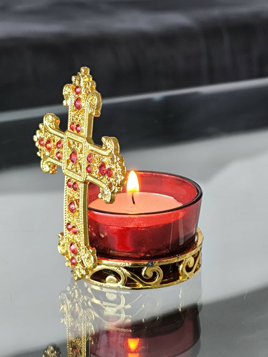 Holy Land Candleholder Metal Gold Cross Decoration Jeweled Accent Gift Crucifix Religion Home Blessed