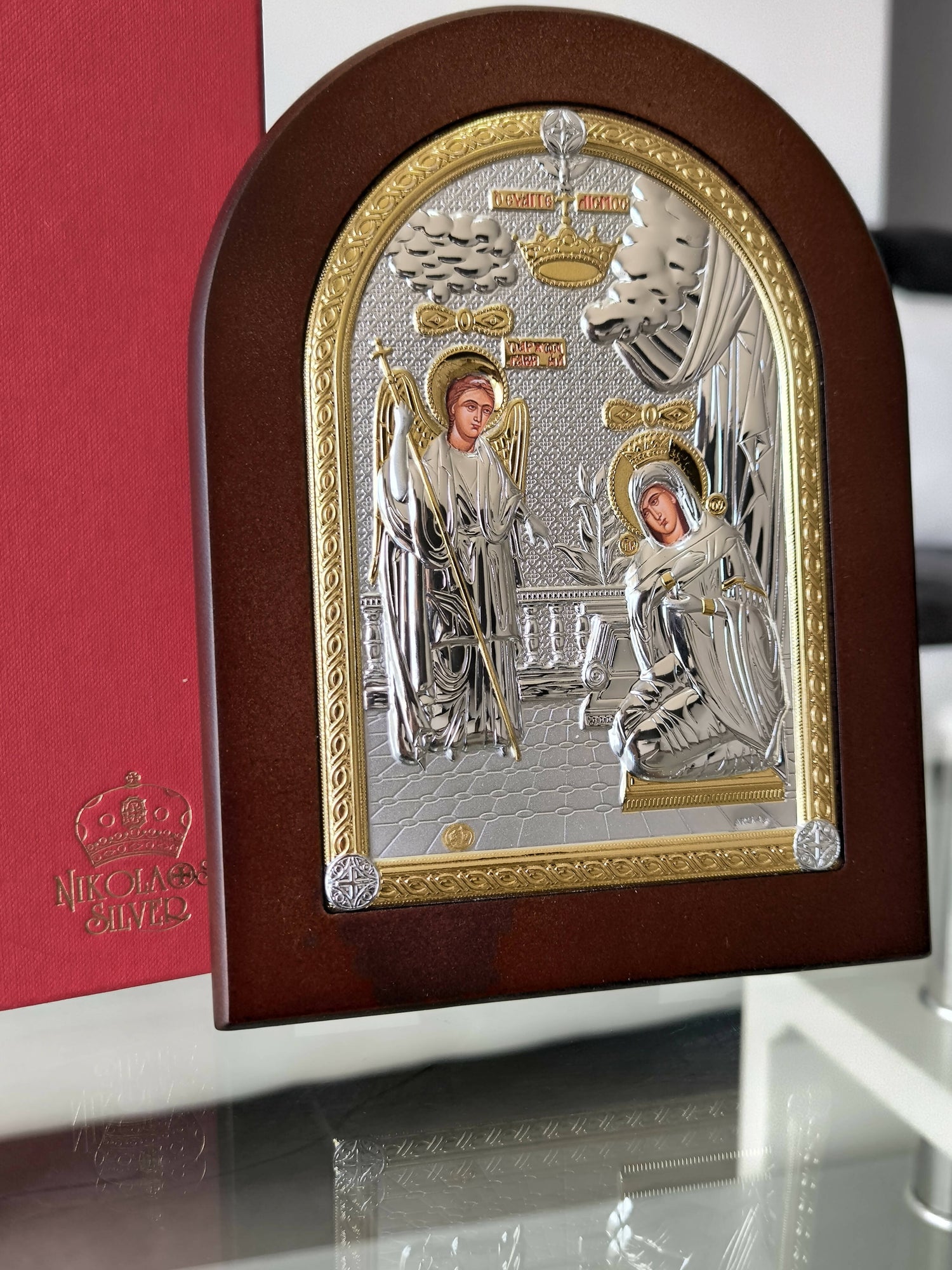 74x2 Icon Annunciation Mary Virgin 3.74 x 2.95 inch Gold Silver 950 Nikolao ...