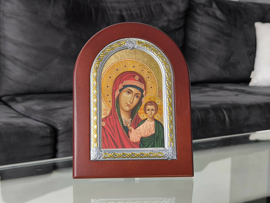 Icon Mary Of Kazan Our Lady Virgin Nikolaos Silver 950 CERTIFICATED Christian Hand Made plaque Hanging \Standing Orthodox religious in box