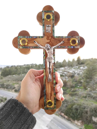 Olive Wood Frame Mother Of Pearl Cross Crucifix Hand Made Jerusalem Holy Land Christian Wall 11 Inches