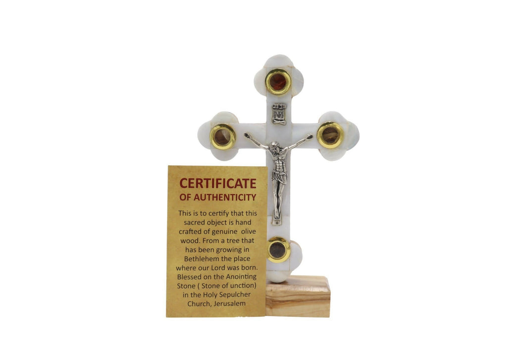 Mother Of Pearl Cross White Standing with Certificate Holy Land crucifix Olive Wood