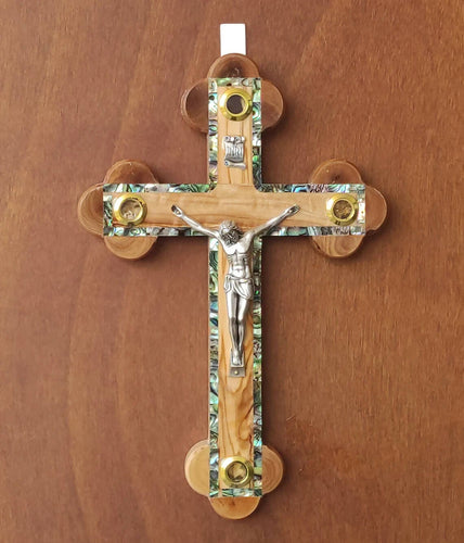 Olive Wood Frame Mother Of Pearl Cross Crucifix Hand Made Jerusalem Holy Land Christian Wall 11 Inches